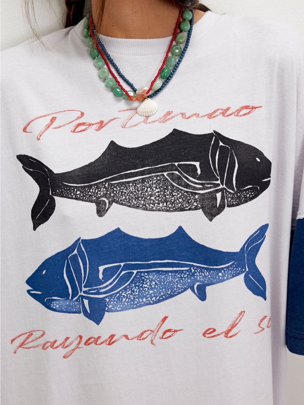Free People Toro Fish Graphic Tee Midi Dress White Navy Coastal Boho Beach Sz L - Picture 5 of 15